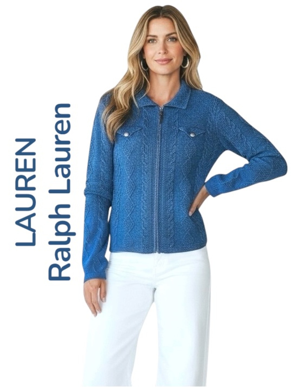 Vintage Lauren Ralph Lauren Jacket Blue Cable Hand Knit Full Zip Chest/Pockets M